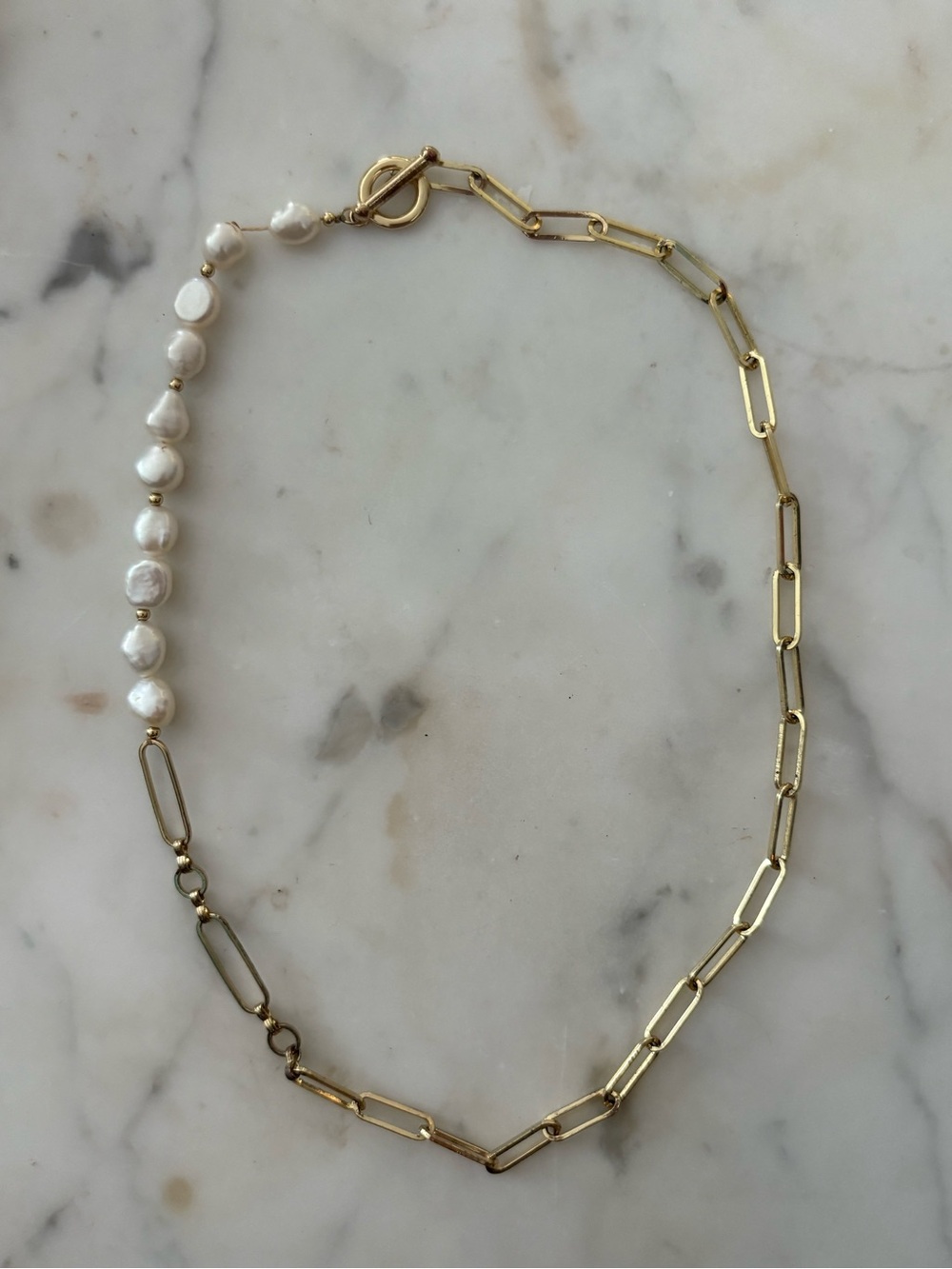 Gold Paperclip Chain Necklace with Freshwater Pearls - Unbranded